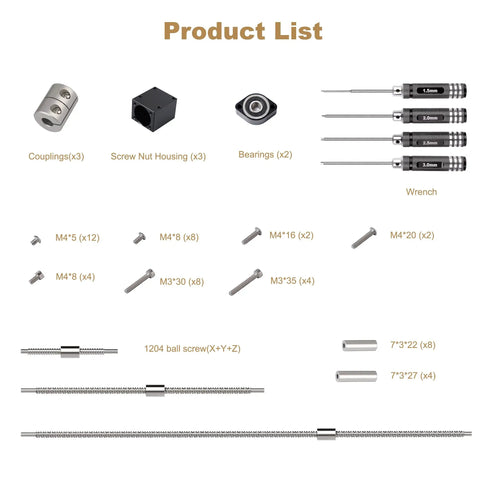 Product list of 1204 Ball Screw Upgrade Kit For 3060-Evo Max CNC Router with couplings, screw nut housing, bearings, wrenches, and screws.
