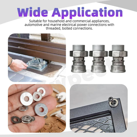 Front view: stainless washer kit with external tooth, serrated lock, split lock and flat washers in 1/4-3/8".