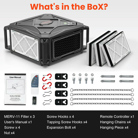 270 Degree Air Filtration System With Built In Ionizer And Remote Control, 780 CFM Hanging Dust Collector components and accessories