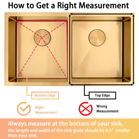 Heavy Duty Stainless Steel Kitchen Sink Grid With Rear Drain measurement guide showing correct versus incorrect measurement techniques.