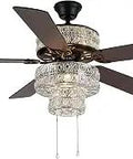 Dual Lit LED Ceiling Fan With Crystal Chandelier, 52 Inch Flush Mount with mahogany and antique black blades, crystal glow