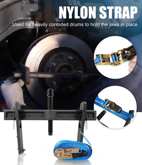 Beast Of A Tool 6980 Drum And Rotor Puller For Heavy Duty Hub Removal Freeing Rusted Drums Rotors Drive Wheels Gears Flywheels And Pulleys With Slim Jaws And Easy Setup For Tight Spaces And Smooth Leverage, nylon strap and puller shown on brake drum