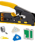 Pro Grade RJ45 Crimp Tool Pass Through Kit with Built-In Tester, 30 Cat6 Connectors, and Ergonomic Handle for Networking