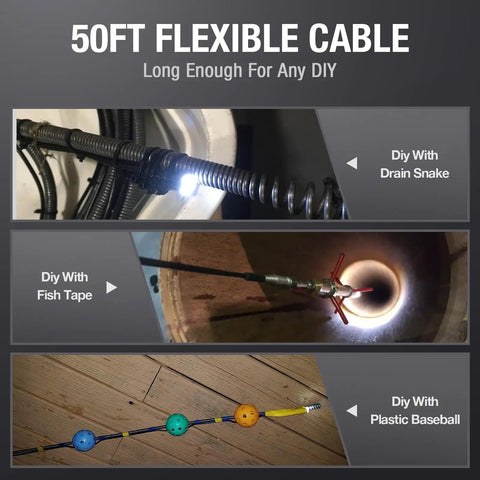 50Ft Dual Lens Endoscope With Light For Drain Snakes, IP67 Waterproof Borescope Camera For Sewer Pipe Inspection, 15M Long Flexible Probe, A Solid DIY Plumbing Tool used with drain snake and fish tape
