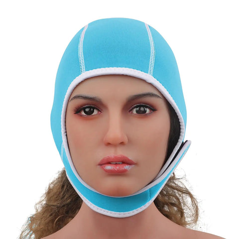 2mm Neoprene Diving Hood For Men And Women With Chin Strap UV Protection Warm Water Sports Cap For Surfing Snorkeling And Scuba Diving Light Blue Comfortable Fit, shown on mannequin from front view