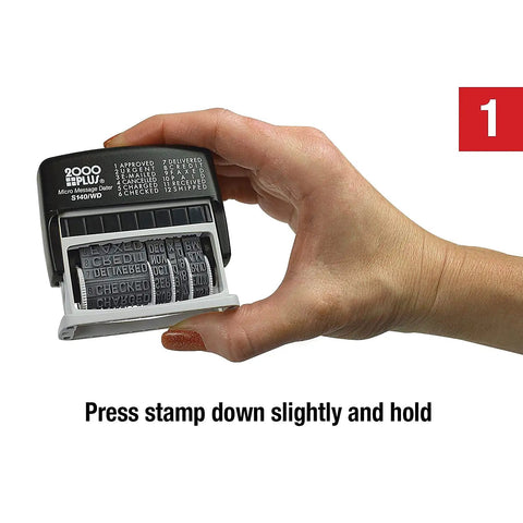 Slick Self Inking Micro Message Dater Stamp With Quick Flip Phrases For Office Organization showing usage with hand pressing down.