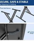 Heavy Duty X Style Keyboard Stand For 54 To 88 Key Electric Pianos And Synth showing anti-skid sleeves and locking straps.