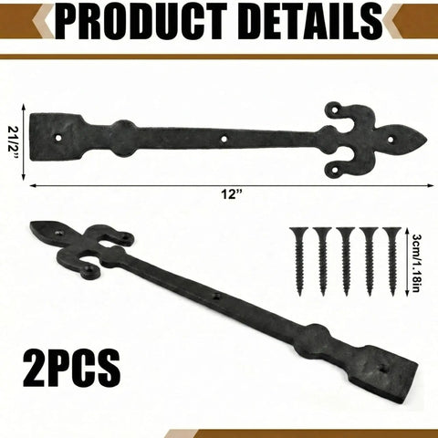 12 Inch Heavy Duty Decorative Hinges for Garage Doors and Barn Gates Matte Black Powder Coated Strap Hinge Set fleur de lis style