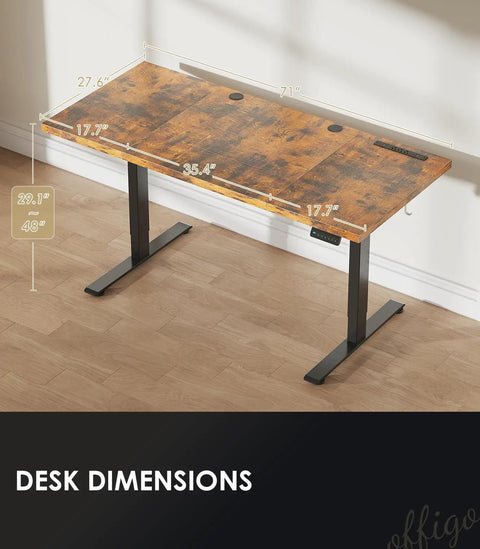 71 Inch Electric Standing Desk With Height Adjustable Sit Stand System Built In Power Outlet 3 Piece Desktop 1.38 Inch Thick Rustic Brown with dimensions