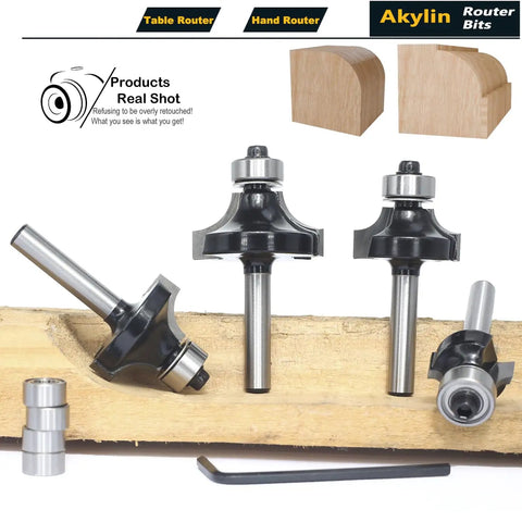Top Shelf Four Piece Roundover And Bead Router Bit Set With One Quarter Inch Shank For Hella Smooth Woodworking Edges Multi Radius Cutting Profiles Heavy Duty Carpenter Tool Kit on wood