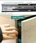 Images of 12 inch side mount kitchen cabinet slides with soft close and push to open feature, showing detailed mechanism close-up.