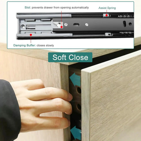Images of 12 inch side mount kitchen cabinet slides with soft close and push to open feature, showing detailed mechanism close-up.