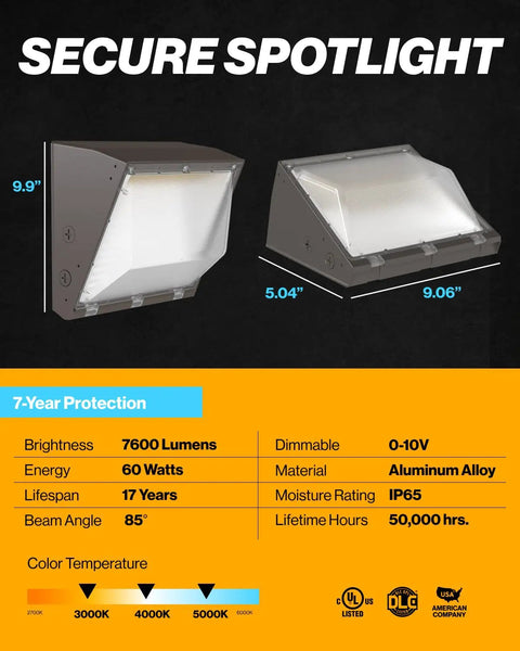 Product dimensions and features of 6 Pack 80W LED Wall Pack Outdoor Industrial Dimmable Waterproof Beefed Up Security Lighting for Warehouses and Parking Lots Choose 3000K 4000K or 5000K Color Temp 7600 Lumens AC120 277V IP65 Aluminum Housing