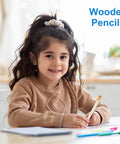 Child smiling at a table with paper and Half Golf Pencils Bulk 48 Pack Pre Sharpened Short Round Wooden Pencils With White Erasers