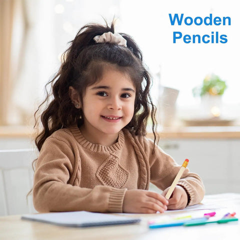 Child smiling at a table with paper and Half Golf Pencils Bulk 48 Pack Pre Sharpened Short Round Wooden Pencils With White Erasers