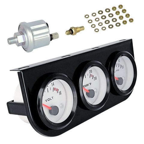 3-in-1 52mm automotive gauge cluster in black console: volt, water temp, and oil pressure; includes sensor and mounting hardware.