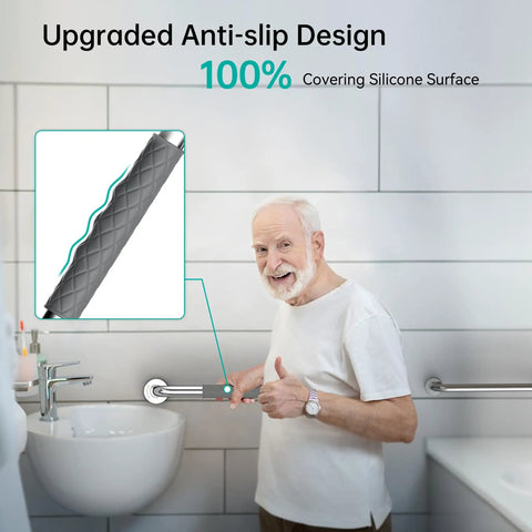12 Inch Shower Grab Bars For Bathroom Safety, Anti Slip Stainless Steel Rails For Elderly Seniors Handicap And Pregnant Women, Rust Proof For 10 Years, Gray Finish, 1 Pack shown in bathroom with elderly man demonstrating use