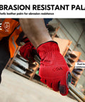 Person using 3 Pack Synthetic Leather Work Gloves For Light Duty Tasks gripping metal bar in warehouse, abrasion resistant palm shown