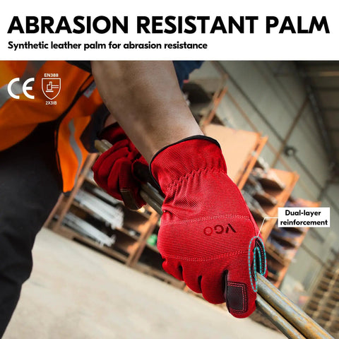 Person using 3 Pack Synthetic Leather Work Gloves For Light Duty Tasks gripping metal bar in warehouse, abrasion resistant palm shown