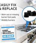 20 Pack Rubber Grate Feet Replacement for Stoves and Ranges package and stove with arrow pointing to feet