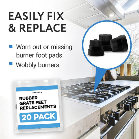 20 Pack Rubber Grate Feet Replacement for Stoves and Ranges package and stove with arrow pointing to feet