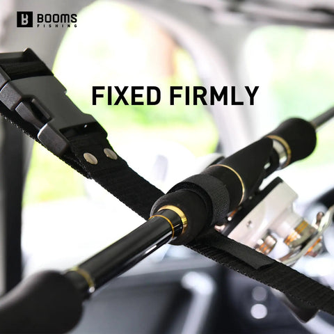 Car Roof Fishing Rod Carrier Rack Holds Up To Five Poles, Adjustable 31.5 To 59 Inches, no drill mount close-up inside car.