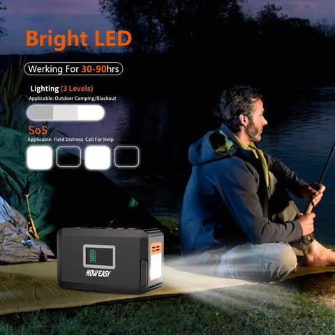 Man sitting by lake with Portable Power Station 120W 240W Peak Solar Generator With 88Wh Battery, showing LED lighting.