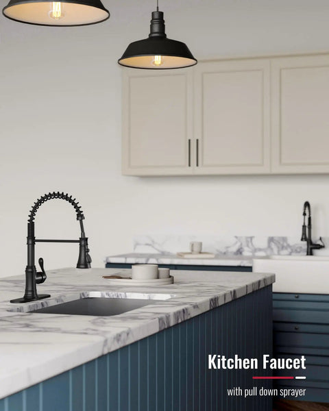 Matte Black Kitchen Faucet With Pull Down Sprayer Single Handle High Arc Three Function Waterway in modern kitchen
