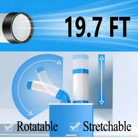 Heavy Duty Rolling Industrial Spot Cooler With 14L Reservoir And Adjustable Vents Delivers Straight Up 18700 Btu showing rotatable and stretchable ducts.