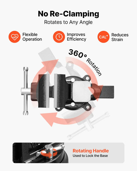 Built Like A Tank Heavy Duty Bench Vise With 4 Inch Ductile Iron Jaws And Full Rotary Swivel Base showing 360 degree rotation and locking mechanism.