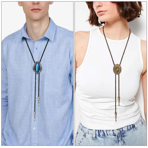 DIY Bolo Tie Making Kit With 3 Braided Leather Cords, 6 Alloy Cord Ends, 3 Iron Bolo Tie Slides, And 3 Classic Color Cords In Black, Gold, And Antique Copper For Crafting Custom Fits From Formal To Casual on model