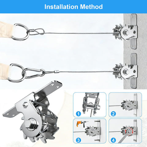 Heavy Duty Shade Sail Hardware Kit With Ratchet Winch showcasing installation with 304 stainless steel windproof tension system.