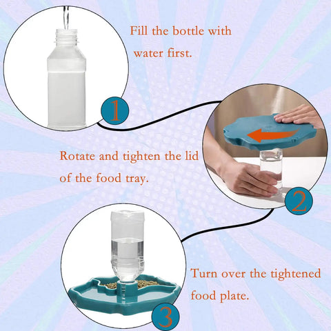 Instructions to use Two In One Reptile Water Bowl And Food Dish With Auto Fill Bottle for turtles and lizards.