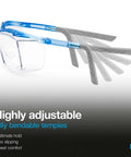 Highly adjustable Protective Safety Glasses With Clear Lenses And Side Shields For Men And Women in blue and grey showing bendable temples