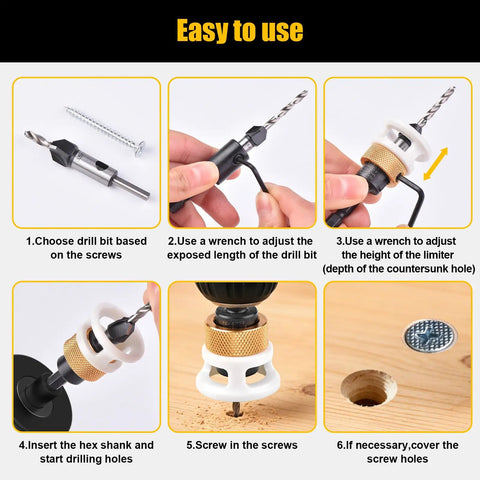 Guide showing how to adjust and use a 4 Piece Carbide Countersink Drill Bit Set For Woodworking With 4 Flutes And Adjustable Low Friction Depth Stop And Stop Collar Pro Grade Durable Bits For Cabinetry And Fine Woodworking 2.8mm 3.2mm 3.5mm 4mm.