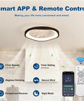 Monikessy Modern Black Ceiling Fan with Lights 20" Low Profile Ceiling Fan showing remote and APP features in kitchen setting.