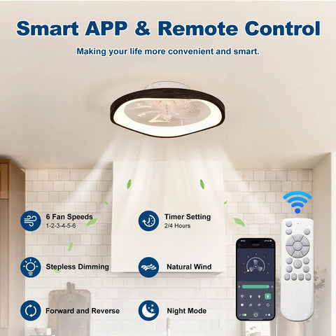 Monikessy Modern Black Ceiling Fan with Lights 20" Low Profile Ceiling Fan showing remote and APP features in kitchen setting.