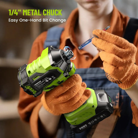 21V Cordless Impact Driver Kit With Brushless Motor One Quarter Inch Hex 230 Nm Torque 3300 RPM being used for bit change