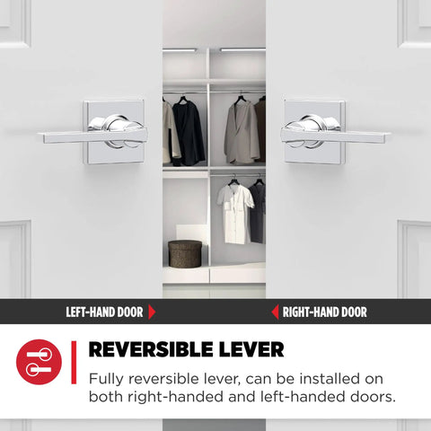 Interior Passage Door Lever Handle For Closet And Hallway Doors Nonlocking Reversible Chrome Finish easy install on left and right doors