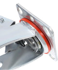 Rugged Steel Swivel Caster Bracket With Locking Brake And Four Inch Wheels For Heavy Machinery And Dang Massive Industrial Loads close-up of swivel mechanism.