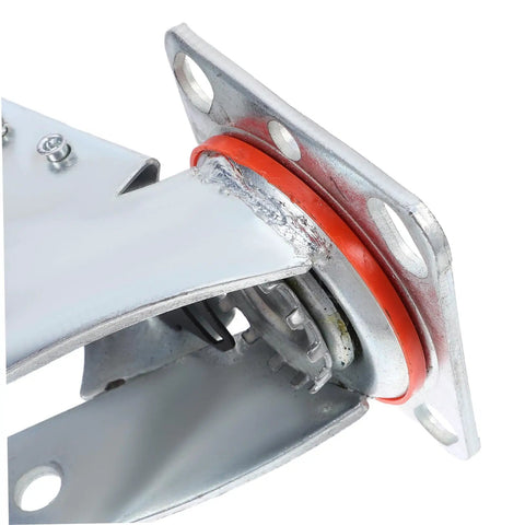 Rugged Steel Swivel Caster Bracket With Locking Brake And Four Inch Wheels For Heavy Machinery And Dang Massive Industrial Loads close-up of swivel mechanism.