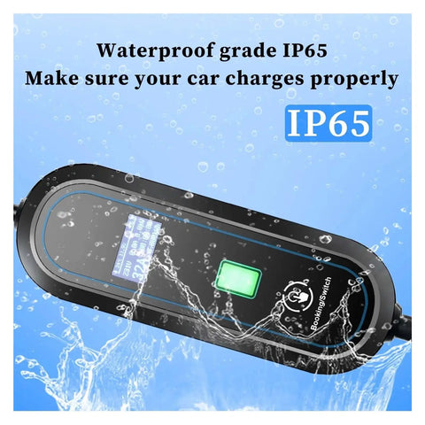 Plug And Go Portable EV Charger 7KW 32 Amp Fast Juice Up 240 Volt Heavy Duty Cable showing waterproof IP65 rating with splash.