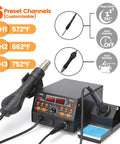 2-In-1 Hot Air Soldering Station Kit with 60W iron, 3 preset channels, display, and soldering tips visible.