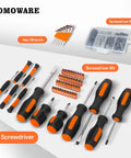 218 Piece Home Tool Kit With Plastic Toolbox Storage Case Essential DIY Hand Tools For Home Garage Auto Repairs Socket Wrench Set Screwdrivers Pliers And More Great RV And Truck Tool Set For Everyday DIY Projects In Orange, featuring screwdrivers and bits displayed with case on white background.
