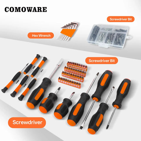 218 Piece Home Tool Kit With Plastic Toolbox Storage Case Essential DIY Hand Tools For Home Garage Auto Repairs Socket Wrench Set Screwdrivers Pliers And More Great RV And Truck Tool Set For Everyday DIY Projects In Orange, featuring screwdrivers and bits displayed with case on white background.