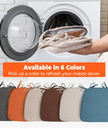 Ultra Plush D Shaped Chair Cushions For Dining Chairs With Removable Washable Covers And Ties All Day Comfort For Kitchen Indoor Dining And Patio 17 By 16 Inches Set Of 4 Beige displayed in various colors with washing machine in background