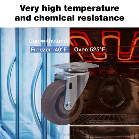 High-temp swivel caster wheels withstand -40°F to 525°F, ideal for industrial ovens and freezers, ensuring durability in extreme conditions.