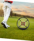 Golf Chipping Net With Ball Return System For Backyard And Tennis Court Practice, displayed on a golf course with player nearby