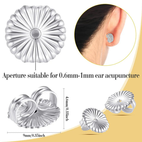 Jumbo Earring Backs For Heavy Studs And Droopy Posts Replacement Secure Lifters 9mm Silver 8 Pack shown with ear