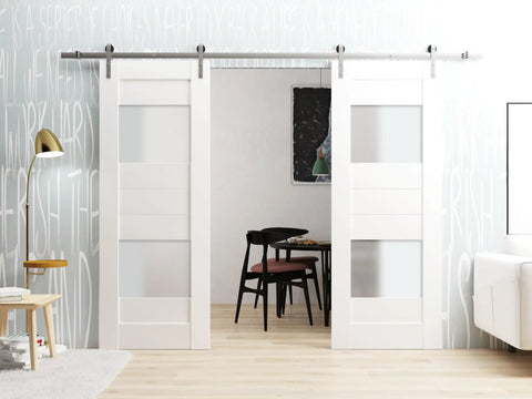 Straight Up No Hassle Sliding Double Barn Doors With Slick Stainless Rail Kit And Heavy Duty Hardware Set For Easy Install In Crisp White Finish Measuring Forty Two By Ninety Six Inches, view showing doors in modern interior.